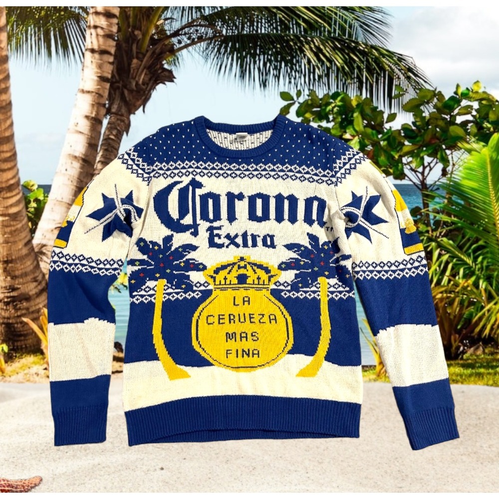 VTG Men's Corona  Extra Acrylic Sweater Palm Trees Blue/Ivory/Yellow Size Medium